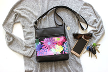 Load image into Gallery viewer, Black vegan leather small crossbody bag – pink purple flowers zip top