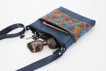 Load image into Gallery viewer, Blue vegan leather small crossbody bag - rainbow swirl fabric purse