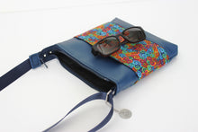 Load image into Gallery viewer, Blue vegan leather small crossbody bag - rainbow swirl fabric purse