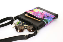Load image into Gallery viewer, Black vegan leather small crossbody bag – pink purple flowers zip top