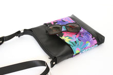 Load image into Gallery viewer, Black vegan leather small crossbody bag – pink purple flowers zip top