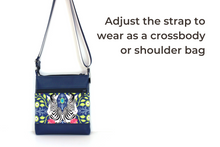 Load image into Gallery viewer, Blue vegan leather and zebra print fabric small crossbody bag for women
