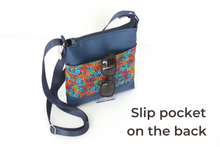 Load image into Gallery viewer, Blue vegan leather small crossbody bag - rainbow swirl fabric purse