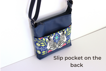 Load image into Gallery viewer, Blue vegan leather and zebra print fabric small crossbody bag for women