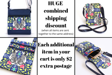 Load image into Gallery viewer, Blue vegan leather and zebra print fabric small crossbody bag for women