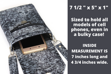 Load image into Gallery viewer, Crossbody phone purse - gray and black fabric with metallic silver