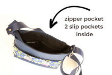 Load image into Gallery viewer, Blue vegan leather and zebra print fabric small crossbody bag for women