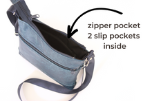 Load image into Gallery viewer, Denim blue vegan leather small crossbody bag for women with phone pocket