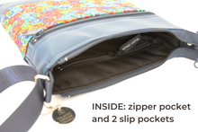 Load image into Gallery viewer, Blue vegan leather small crossbody bag - rainbow swirl fabric purse