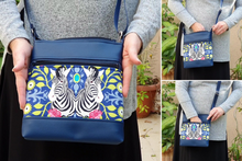 Load image into Gallery viewer, Blue vegan leather and zebra print fabric small crossbody bag for women