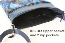 Load image into Gallery viewer, Blue faux vegan leather and fabric small crossbody purse for women