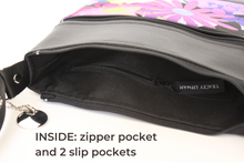 Load image into Gallery viewer, Black vegan leather small crossbody bag – pink purple flowers zip top