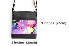 Load image into Gallery viewer, Black vegan leather small crossbody bag – pink purple flowers zip top