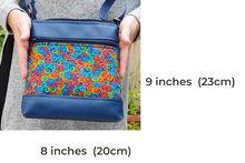 Load image into Gallery viewer, Blue vegan leather small crossbody bag - rainbow swirl fabric purse