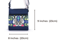 Load image into Gallery viewer, Blue vegan leather and zebra print fabric small crossbody bag for women