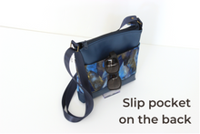 Load image into Gallery viewer, Blue faux vegan leather and fabric small crossbody purse for women