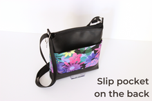 Load image into Gallery viewer, Black vegan leather small crossbody bag – pink purple flowers zip top
