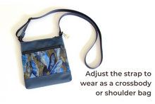Load image into Gallery viewer, Blue faux vegan leather and fabric small crossbody purse for women