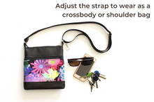 Load image into Gallery viewer, Black vegan leather small crossbody bag – pink purple flowers zip top