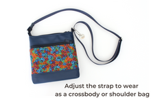 Load image into Gallery viewer, Blue vegan leather small crossbody bag - rainbow swirl fabric purse