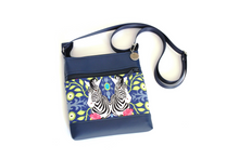 Load image into Gallery viewer, Blue vegan leather and zebra print fabric small crossbody bag for women