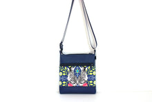 Load image into Gallery viewer, Blue vegan leather and zebra print fabric small crossbody bag for women