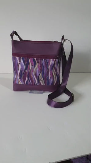 Purple vegan leather small crossbody bag for women, faux non leather and purple wave fabric, everyday casual crossover double zipper purse
