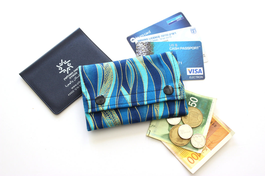Slim minimalist wallet - blue wave fabric front pocket wallet