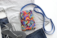 Load image into Gallery viewer, Minimalist crossbody cell phone bag in colorful retro spiral fabric