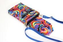 Load image into Gallery viewer, Minimalist crossbody cell phone bag in colorful retro spiral fabric
