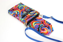 Load image into Gallery viewer, Minimalist crossbody cell phone bag in colorful retro spiral fabric