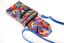 Load image into Gallery viewer, Minimalist crossbody cell phone bag in colorful retro spiral fabric