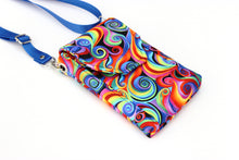 Load image into Gallery viewer, Minimalist crossbody cell phone bag in colorful retro spiral fabric