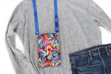 Load image into Gallery viewer, Minimalist crossbody cell phone bag in colorful retro spiral fabric