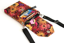 Load image into Gallery viewer, Minimalist crossbody cell phone bag in zinnia floral fabric