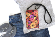 Load image into Gallery viewer, Minimalist crossbody cell phone bag in zinnia floral fabric