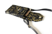 Load image into Gallery viewer, Cell phone purse - black fabric with metallic gold music design