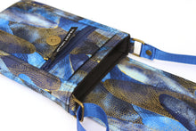 Load image into Gallery viewer, Small crossbody cell phone bag - blue and metallic gold fabric