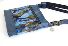 Load image into Gallery viewer, Blue faux vegan leather and fabric small crossbody purse for women