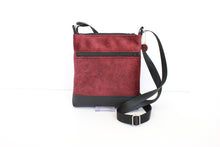 Load image into Gallery viewer, Dark red velvet and black vegan leather small crossbody bag for women
