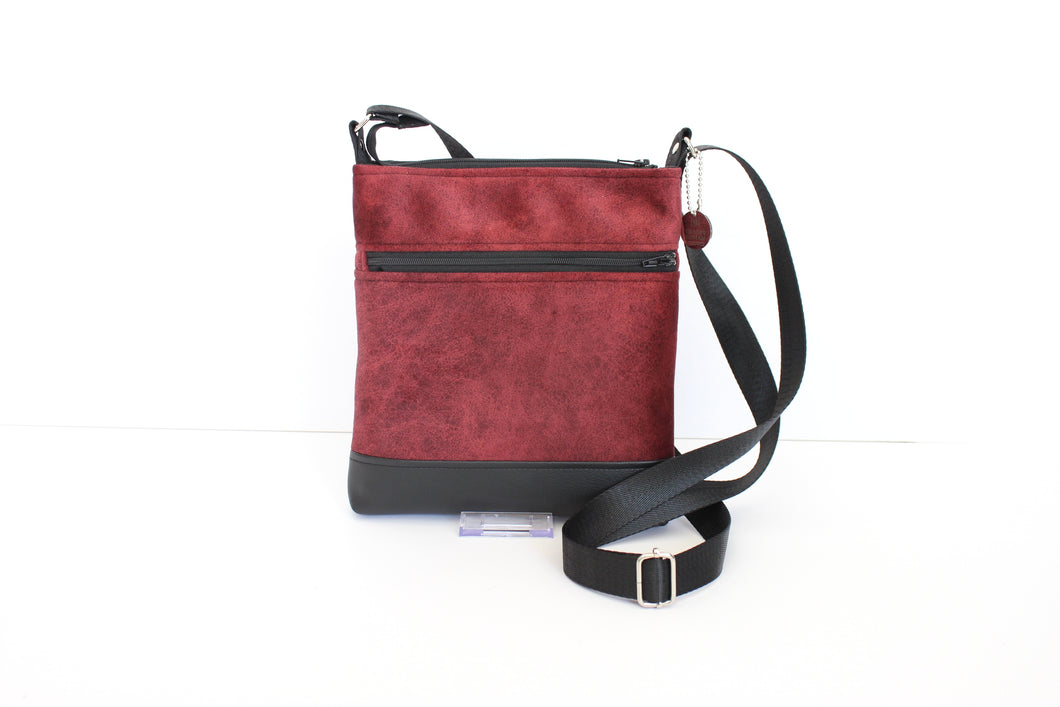 Dark red velvet and black vegan leather small crossbody bag for women