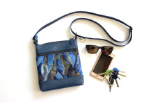Load image into Gallery viewer, Blue faux vegan leather and fabric small crossbody purse for women