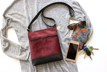 Load image into Gallery viewer, Dark red velvet and black vegan leather small crossbody bag for women
