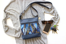 Load image into Gallery viewer, Blue faux vegan leather and fabric small crossbody purse for women