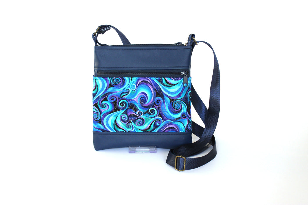 Blue vegan leather small crossbody bag - minimalist zip top purse