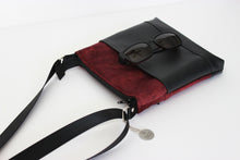 Load image into Gallery viewer, Dark red velvet and black vegan leather small crossbody bag for women