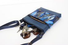 Load image into Gallery viewer, Blue faux vegan leather and fabric small crossbody purse for women