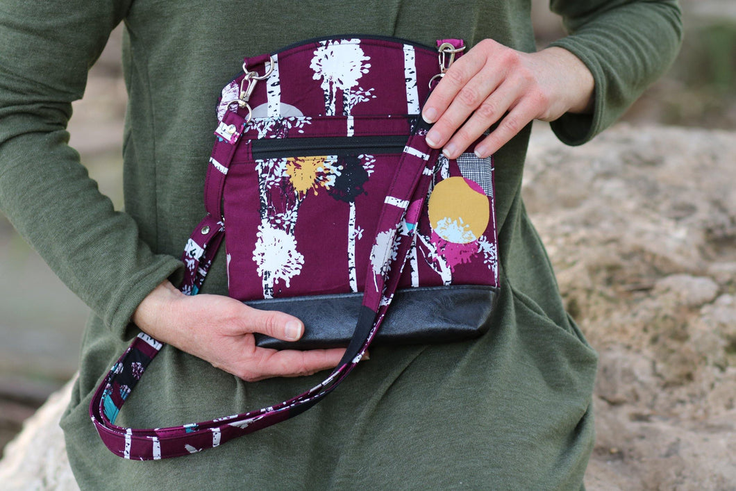Multi pocket small crossbody bag for women - Purple abstract forest - Tracey Lipman