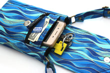 Load image into Gallery viewer, Crossbody cell phone purse - blue turquoise gold grab and go phone bag - Tracey Lipman