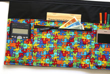 Load image into Gallery viewer, Autism awareness puzzle six pocket teacher apron with zipper pocket - Tracey Lipman